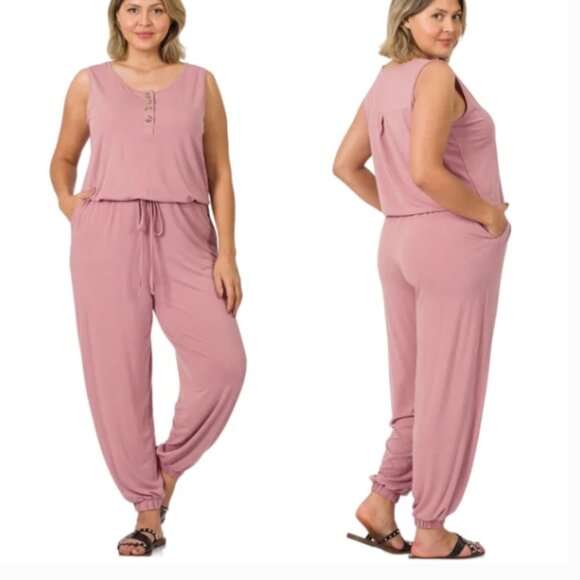 Zenana Outfitters Pants - New Zenana Plus Sleeveless Jogger Jumpsuit Light Rose size 1X A43